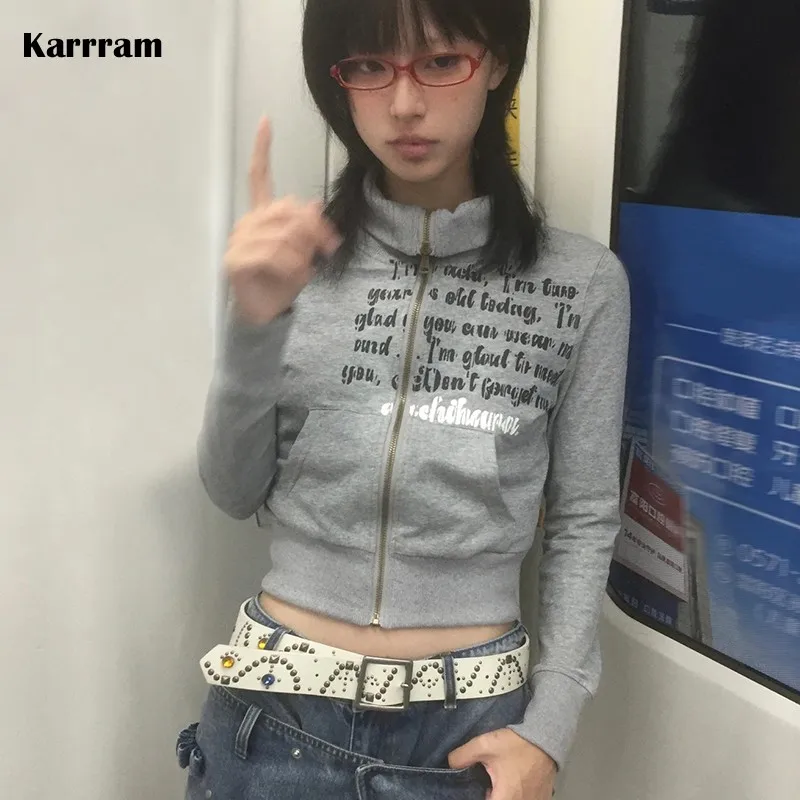 Karrram Japanse Y 2K Cropped Jasje Vintage Harajuku Korte Jas Amerikaanse Retro Brief Print Rits Sweatshirt Grunge Bovenkleding