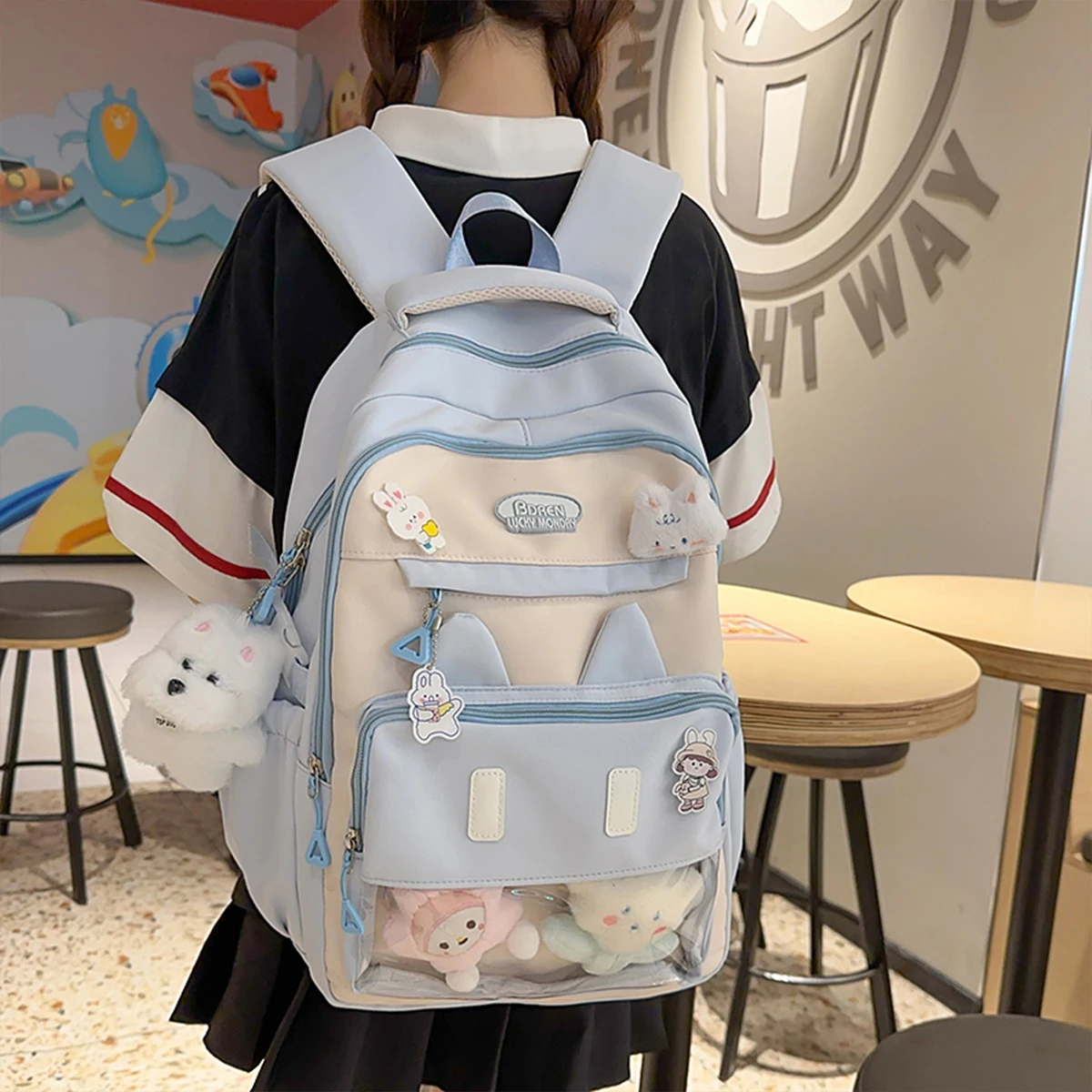 

Nylon Cute Backpack School Bag Transparent Window Plush Puppy Cartoon Decor Large Capacity Zipper Adjustable Straps for Travel