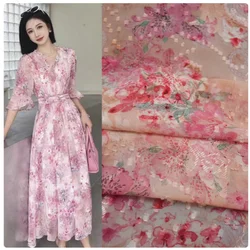 Elegant China Wind Sweet Pink Big Flower Print Chiffon Fabric, Dress, Shirt, Cheongsam, Han Cloth Sewing Handmade Tissue T2227