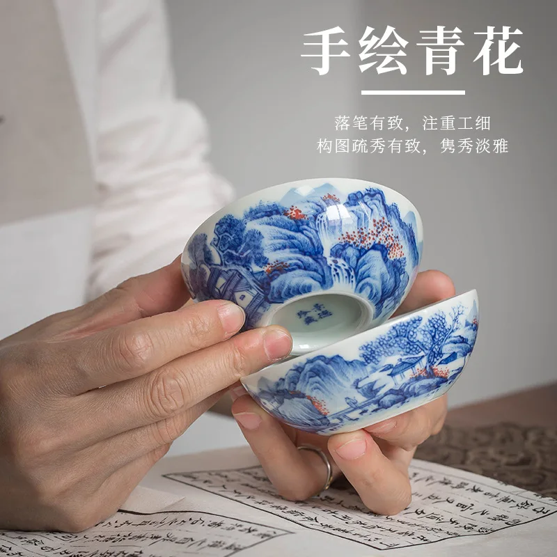 

Jingdezhen Handmade Antique Glazed Red Landscape Ceramic Kung Fu Sleeping Foot Cup Hand-painted Blue and White Porcelain Large M