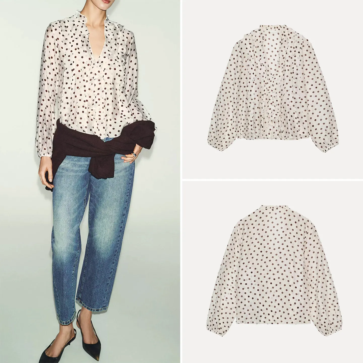 

Fashionable Long Sleeve V-Neck Polka Dot Layered Decorative Women's Shirt Commute Style Loose Fit Button Closure Summer 2026