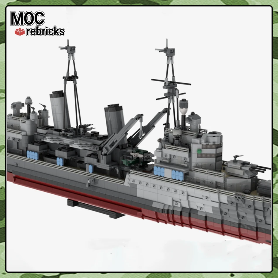 MOC WW2 Military Warship HMS Belfast 1939 Refit Cruiser Large War Weapons Building Block Set DIY Toys for Kid Christmas Gifts