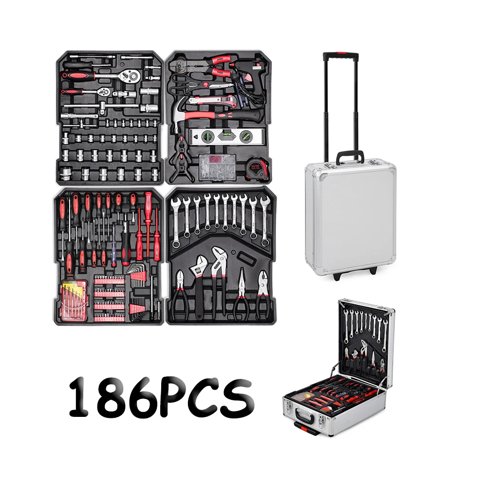 2026 Hot New 186 Pcs General Hand Tools Set Including Pickaxe And Sickle With Aluminum Cases Box