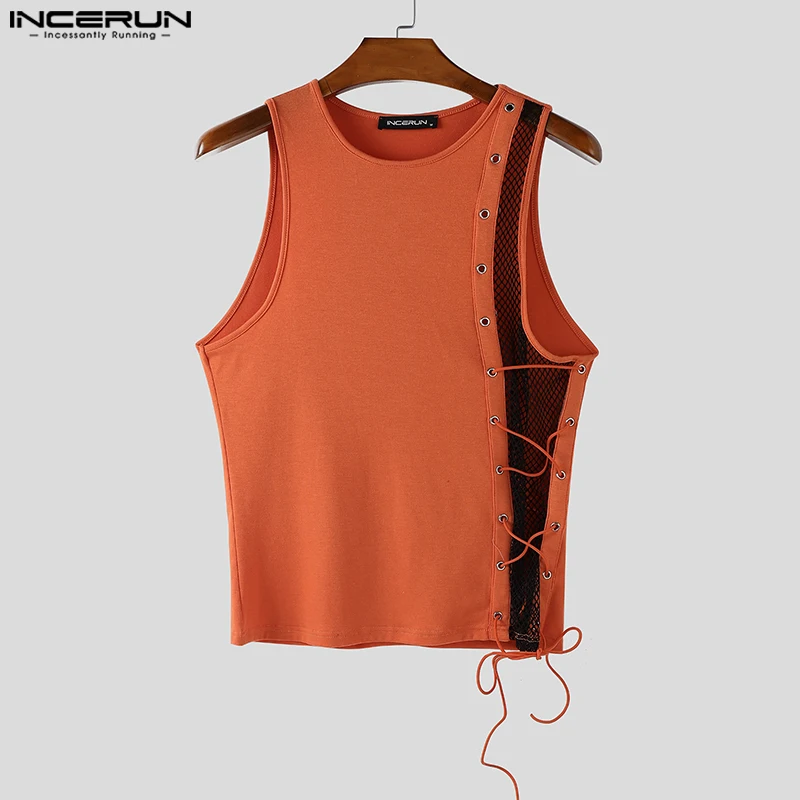 Été hommes débardeurs maille Patchwork à lacets hauts t-shirt INCERUN Sexy sans manches gilets Streetwear hauts de fête surdimensionné vêtements pour hommes