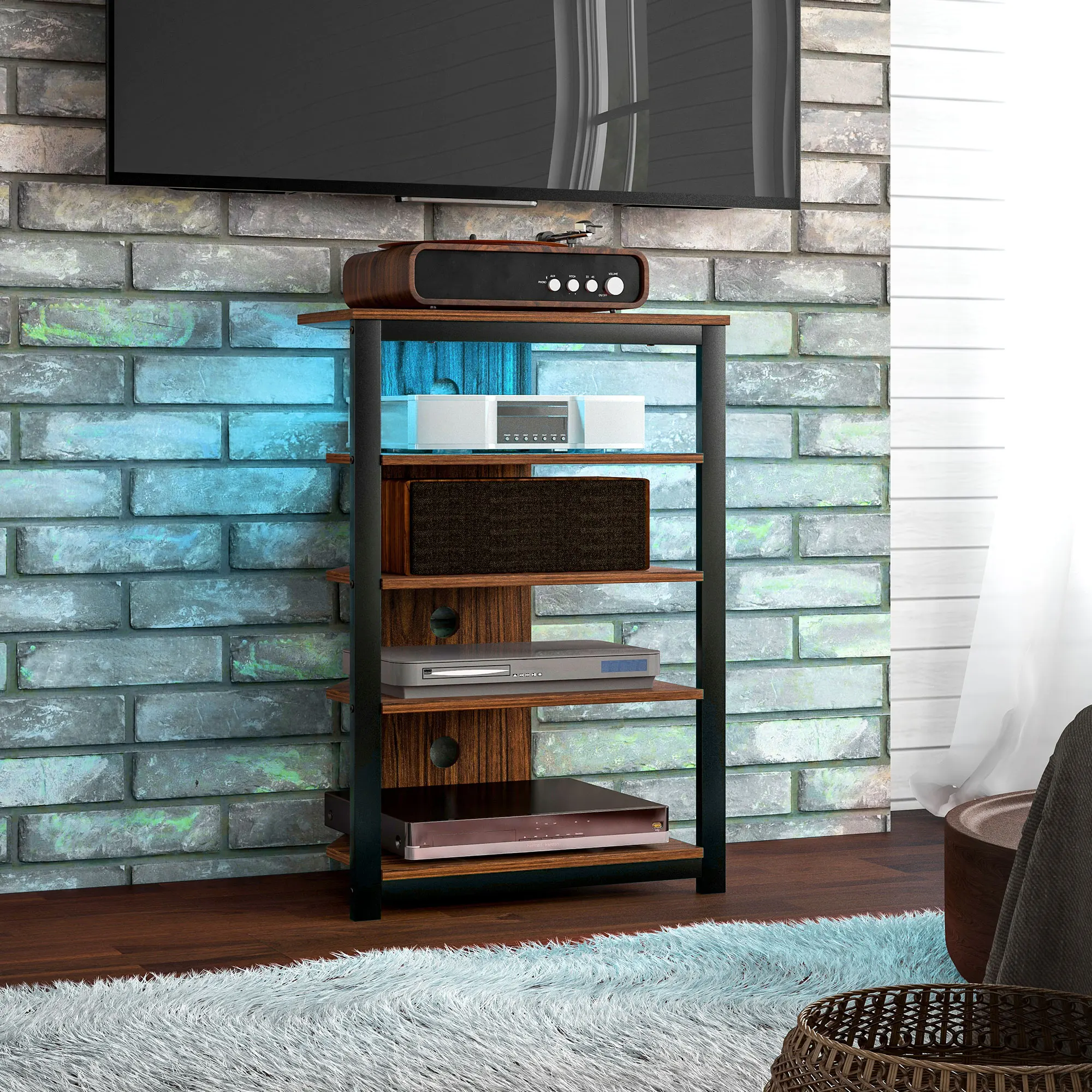 Tv Stand with Lights, 4-Tier Storage Shelves and Steel Frame, Brown