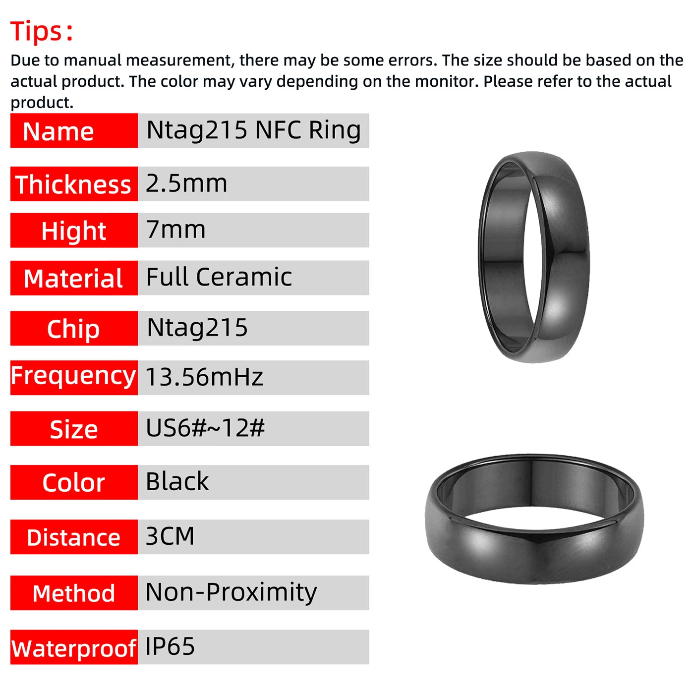 Ntag215 Black Ceramic Smart Ring Compatible with NFC Enabled Phones and Devices Programmable 504 Bytes for Bussiness Card