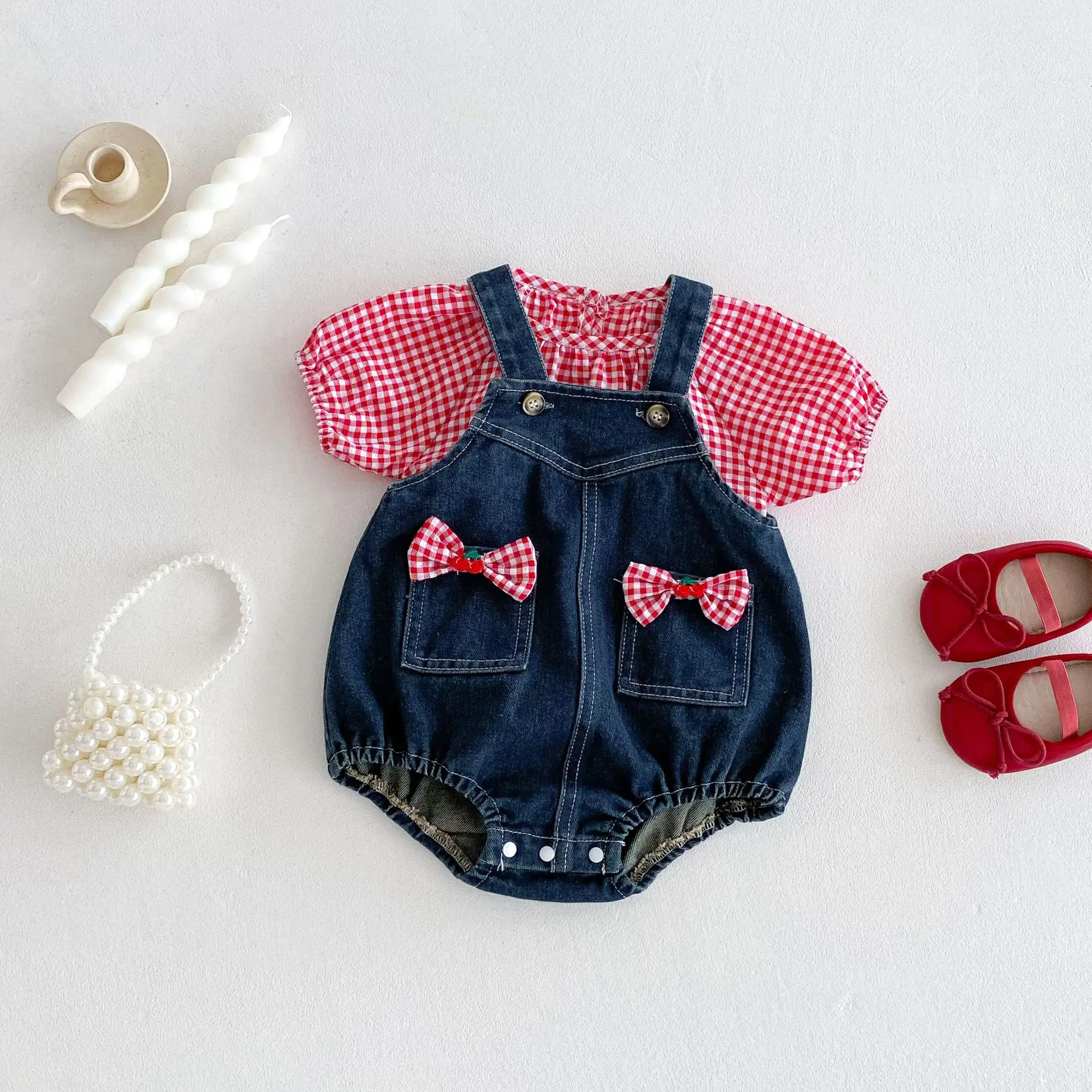 

2025 New Girls Baby Summer Outfit Straps Denim Rompers Checkered Top Set Children Denim Two-piece Set Casual Trend