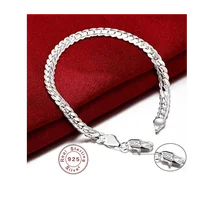 925 Sterling Silver Bracelet 6mm 18cm Flat Side Chain Lobster Clasp For Woman Man Wedding Engagement Jewelry Silver Bracelet