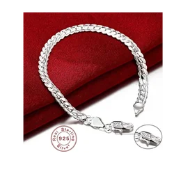 925 Sterling Silver Bracelet 6mm 18cm Flat Side Chain Lobster Clasp For Woman Man Wedding Engagement Jewelry Silver Bracelet