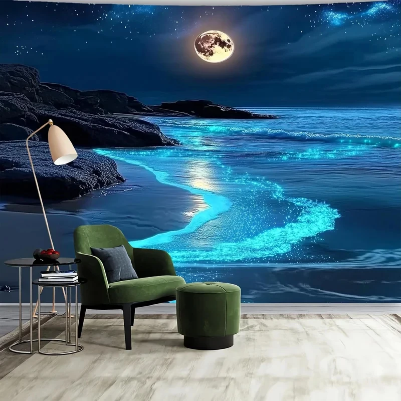VIKAMA Moonlight Beach Wandteppich, leuchtende Meereswellen, Nachthimmel, Wandbehang für Schlafzimmer, Wohnzimmer, Heimdekoration