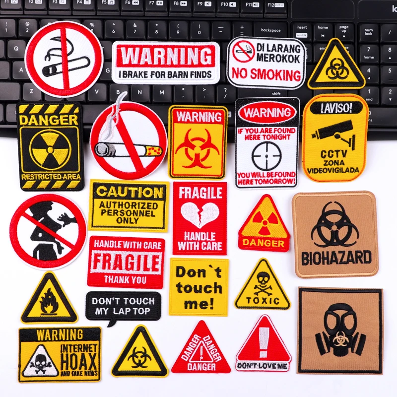 Warning Signage Patch Iron On Patches For Clothing Danger Warning Sign Embroidery Patches On Clothes DIY Sew Fusible Patch Badge