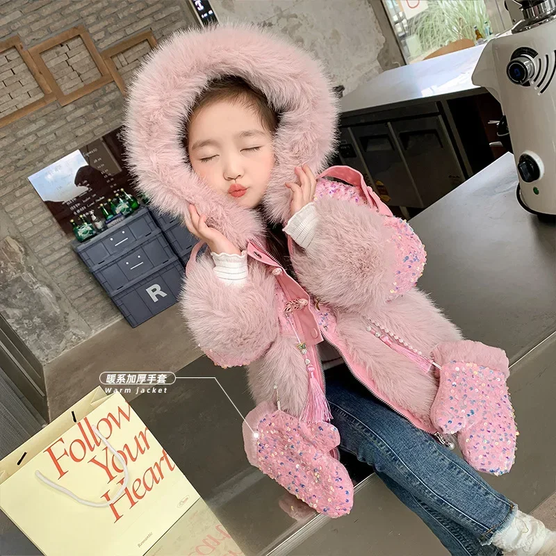 New Plush Jacket for Girls Winter Fashion Pink Shiny Kids Fur Coat Hooded Outerwear Warm Glove Children’s Snowsuit CH198