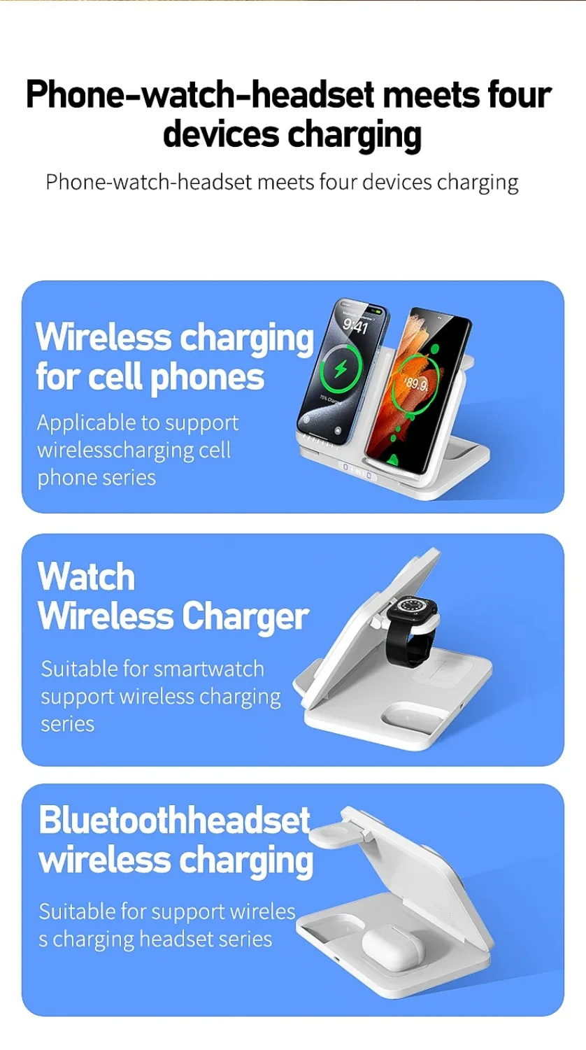 4-in-1 Dual-Handy-Ladestation für iPhone 17~12, Samsung S25, Xiaomi, Airpods Pro, Apple Watch 11~2, Magnetisches Schnellladen – Detail 5