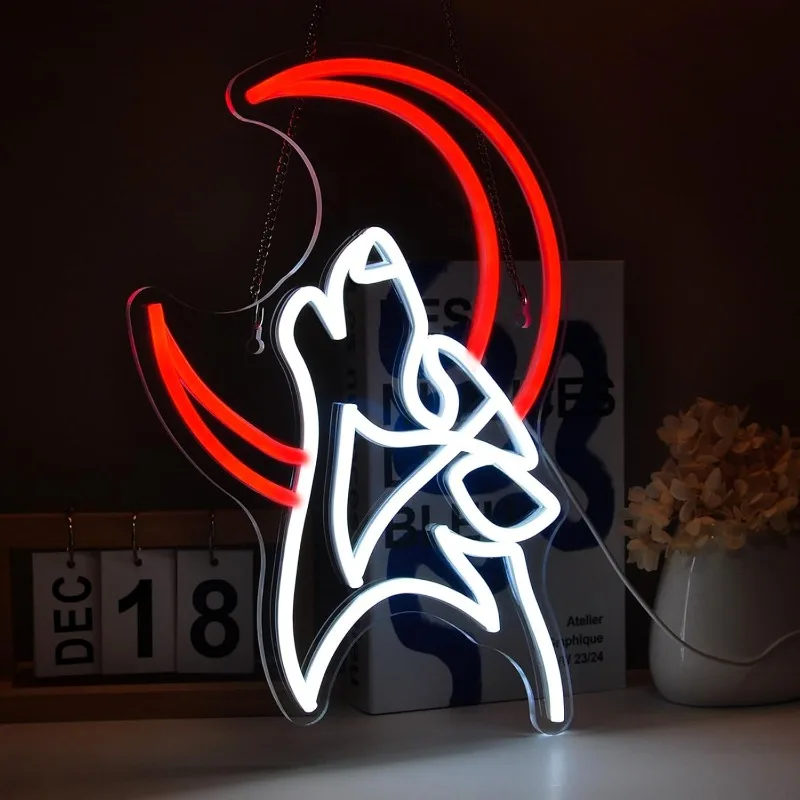 XM Wolf Moon Neon Light Wall Decoration,Room,Game Room USB-powered Dimmable LED Sign Holiday Gifts for Children room decoration