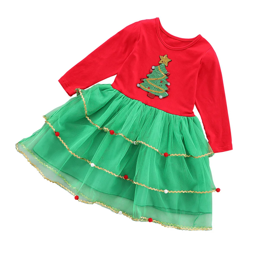 

Children's Christmas Tree Dress Girl One-piece Tulle Skirt Xmas Pattern Party Cotton Gauzy