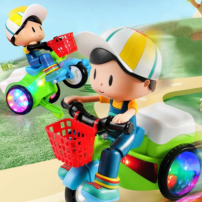 Een schattige kleine jongen die een driewieler rijdt met elektrisch speelgoed, draaiende stunts, geluid en licht, is het perfecte cadeau voor baby's