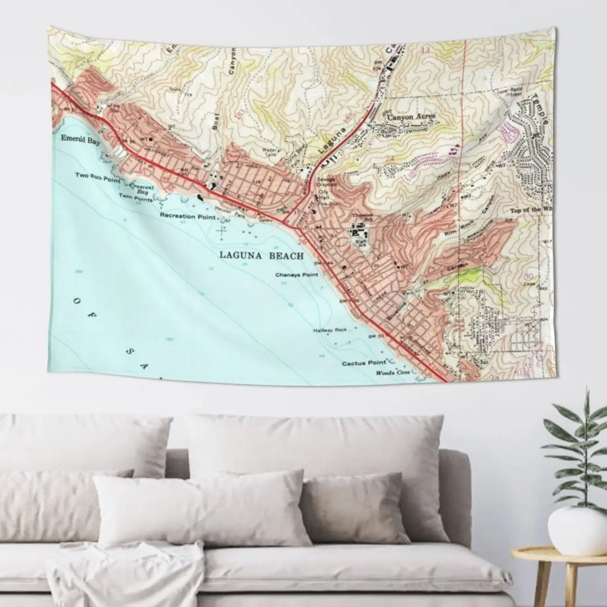 Tapiz Vintage con mapa de Laguna Beach California (1965), decoración de habitación, cosas para la habitación, tapiz de decoración estética