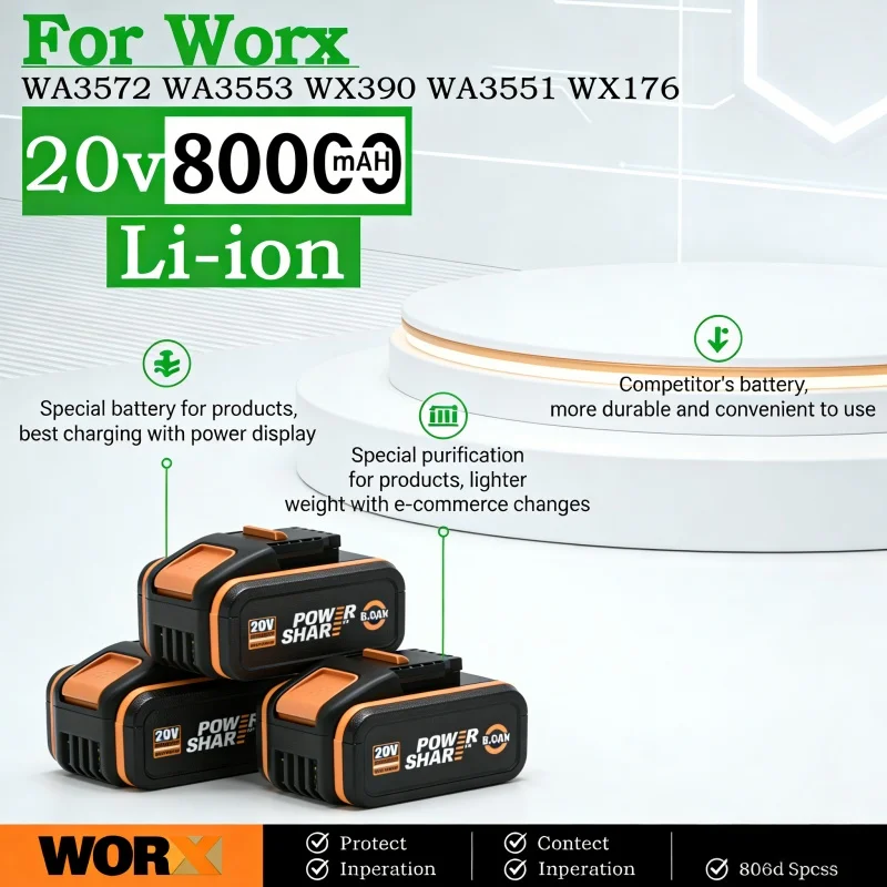 

Original 8Ah 4Ah For WORX 20V Battery for WA3014 WA3551 WG630 WG629 WX372 WX390 WX394 WX550 WX523 WX802 WX858 WX900