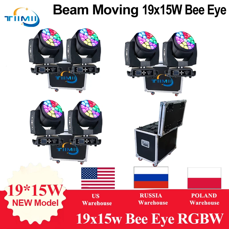 Free Duty 1-5 flightcase Big Led Bee Eyes Beam Moving Head Light 19x15w Zoom Beam Light DMX Stage Light dimmer Zoom Wash Stage