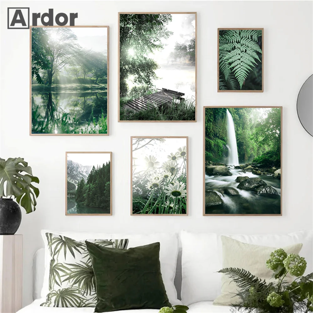 Nature Landscape Wall Posters Lake Forest Canvas Painting Mountain Boat Art Prints Leaves Poster Nordic Wall Pictures Home Decor