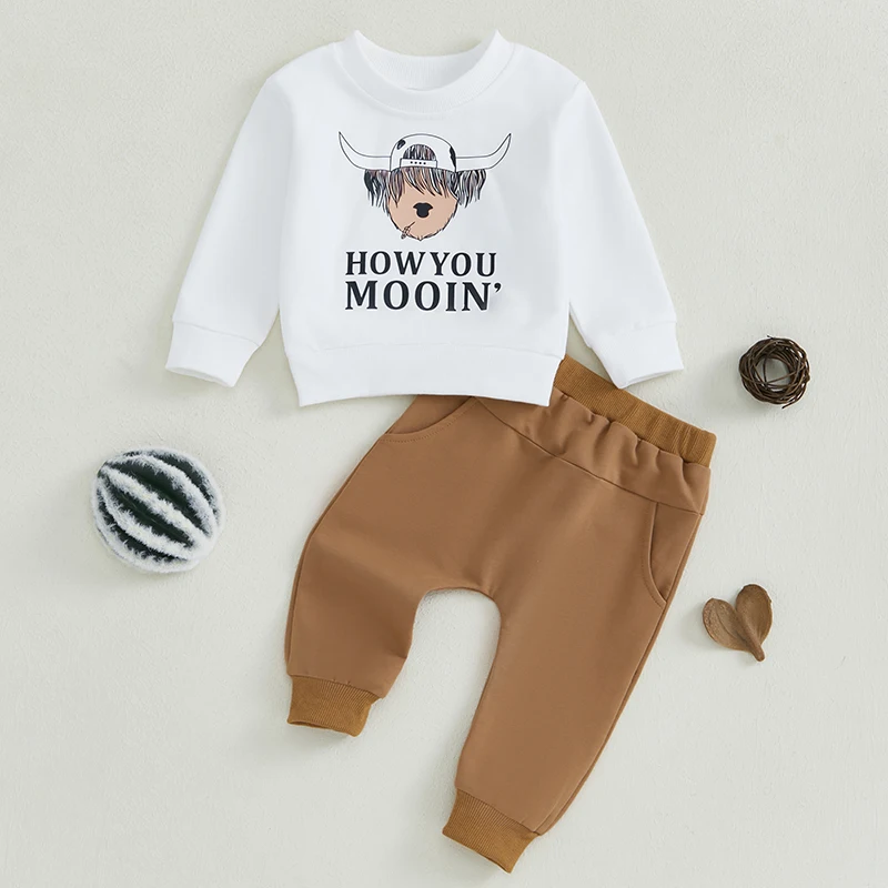 Toddler Boy Western Outfits Letter Print Long Sleeve Crew Neck Sweatshirt with Elastic Waist Solid Pants 2Pcs Set