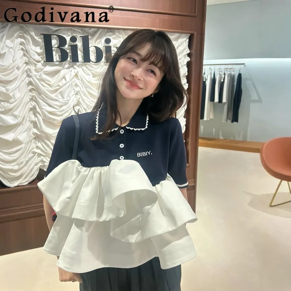 

2026 New Japanese Style Sweet Gentle Ruffled POLO Collar Women's Knitted T-Shirt Commute Casual Versatile Cute Short Sleeve Top