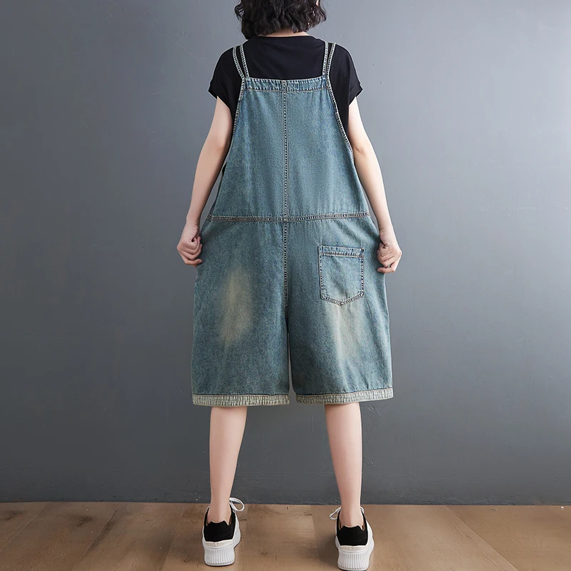 Loose Big Size Wide Leg Denim Overalls For Women Casual Oversized Summer Short Jumpsuits Baggy Bib Pants Straps Jeans Dungarees