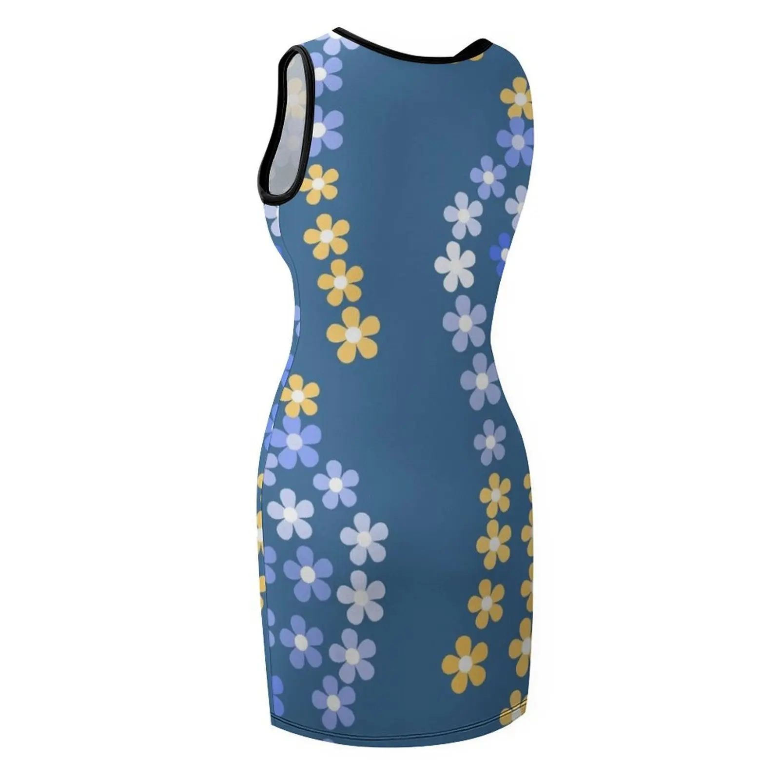 เสื้อยืดลายดอกไม้สีเหลือง-น้ำเงิน เดรสแขนกุด ชุดเดรสผู้หญิง หรูหราสง่างาม ชุดเดรสฤดูร้อนของผู้หญิง ชุดราตรี หรูหรา 2025