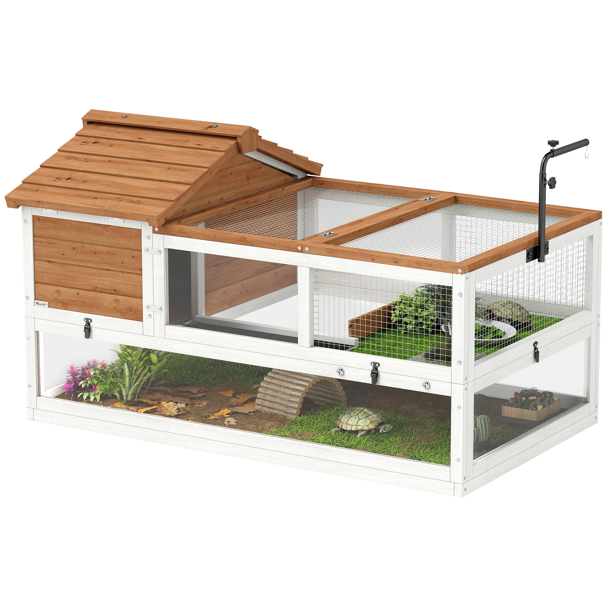 PawHut Casetta per Tartarughe in Legno Recinto per Tartarughe con Due Casette Principali