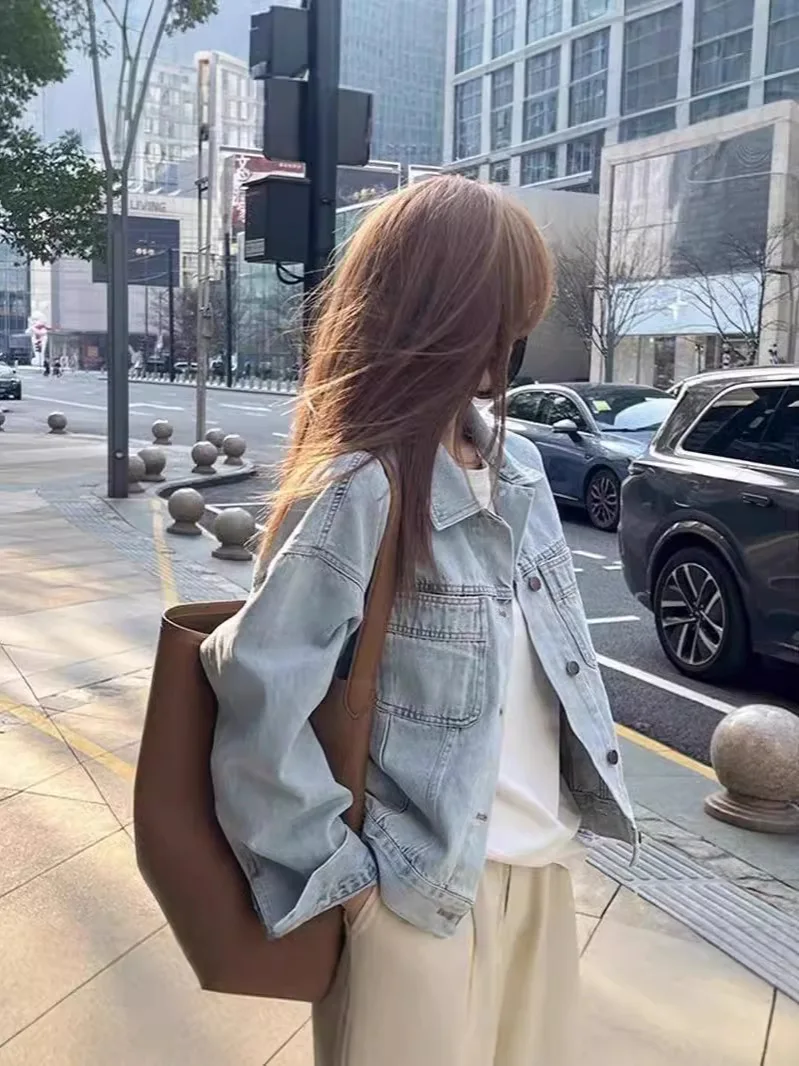 봄과 가을 여성용 얇은 한국 스타일 루즈핏 짧은 긴팔 재킷 유럽풍 워싱 코튼 레트로 데님 재킷