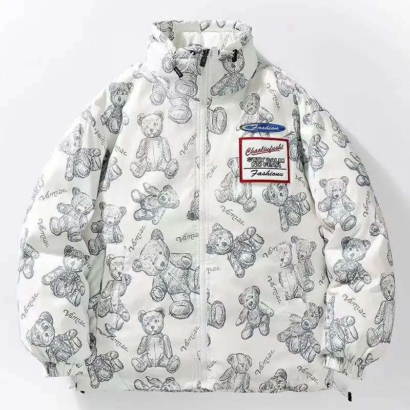 

Пуховик с принтом «Маленький медвежонок», новый мужской и женский толстый парный пуховик на белом утином пуху, короткий зимний воротник-стойка, модная брендовая война