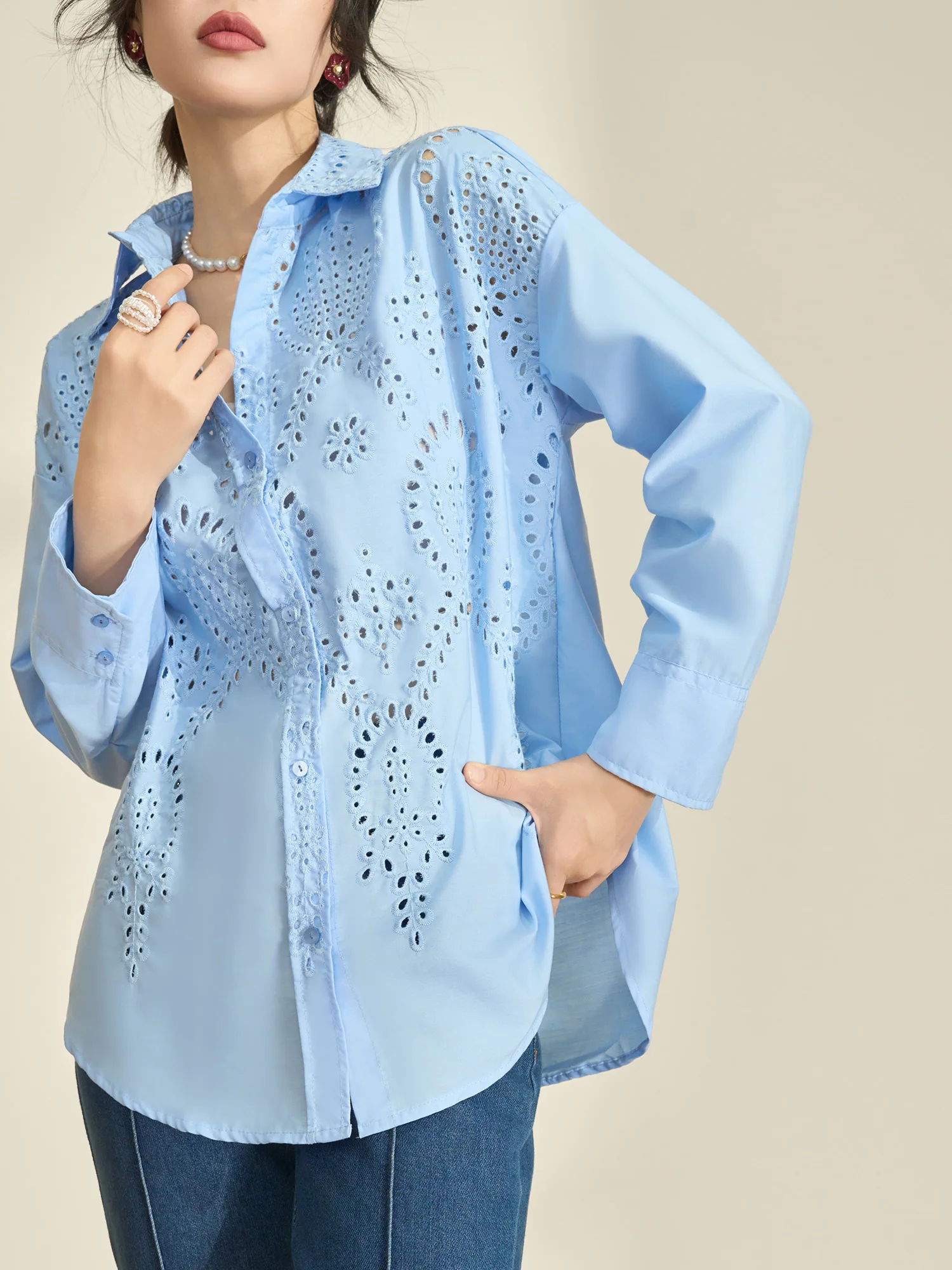 

Flowing Era Unique Beautiful Blue Long Sve Women's irt Spring New Design Hollow out Casual Faion Commute Sle Polyest...