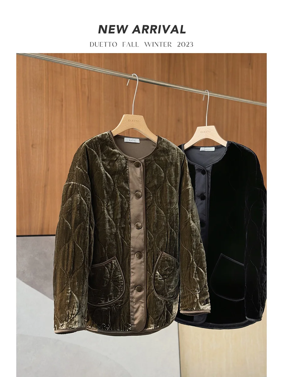 

Vintagecamel Velvet Lined Silk ort Jaet round Ne Outerwear Women's Commute Sle Warmth Single Piece Winter 2023