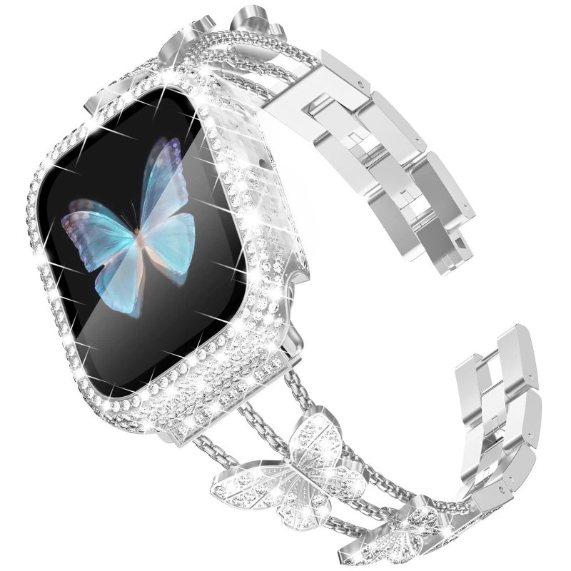 Schmetterlings-Strass-Metall-Uhrenarmband, kompatibel mit Apple Watch-Armbändern 38-49 mm, Ultra/SE/11-1 (Gehäuse und Uhr nicht im Lieferumfang enthalten).