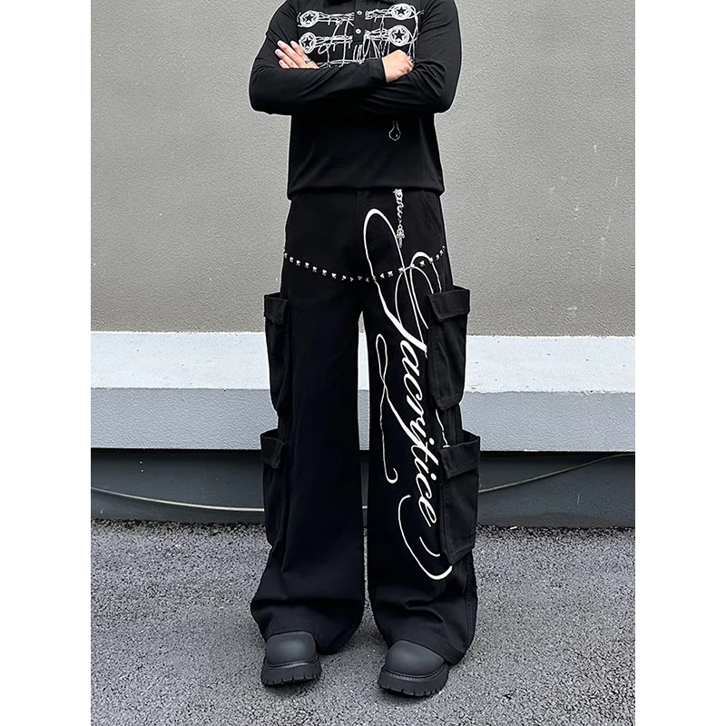 Retro American High Street Wide Leg Pants Men's Loose Black Print Casual Trousers Man's Fashionable Design Sensation