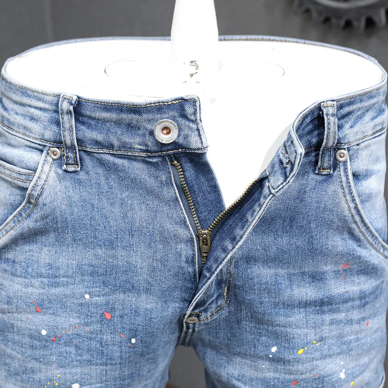 fashion new jeansY2K, painted zipper decoration, washed water, nostalgic stretch, slim fit, retro men's light blue jeans, high