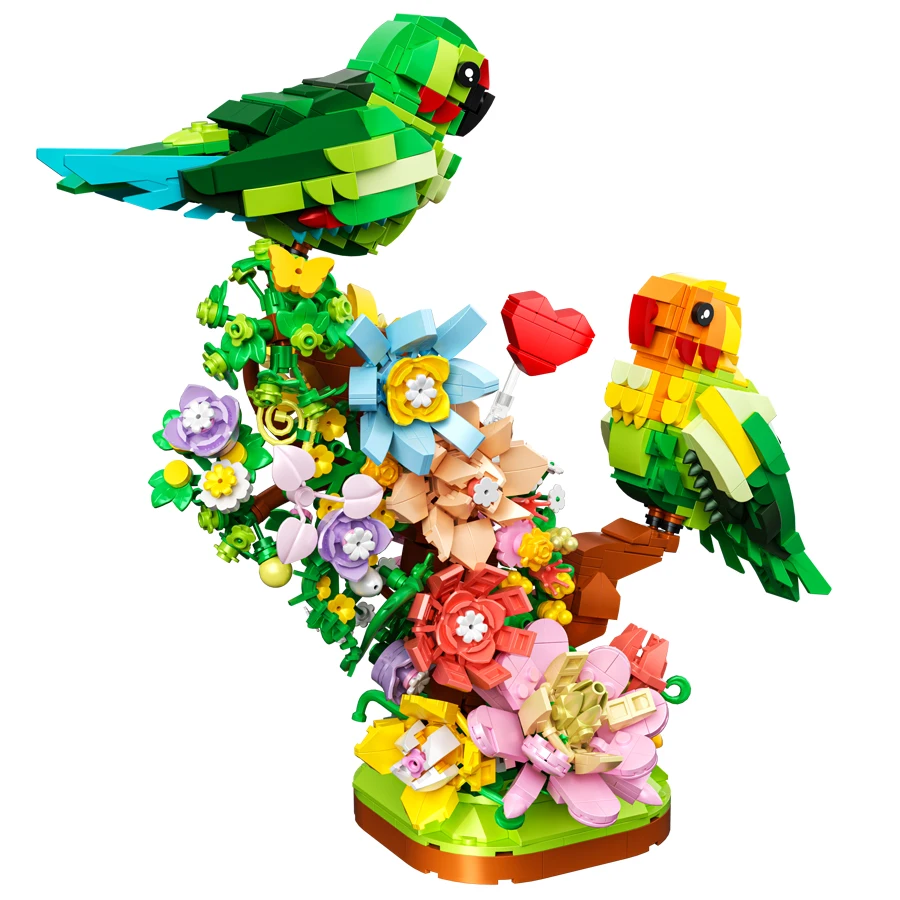 1050PCS Love Birds Building Blocks Flowers Kit Small Particle DIY Bird Models Assembly Toys Girls Gifts