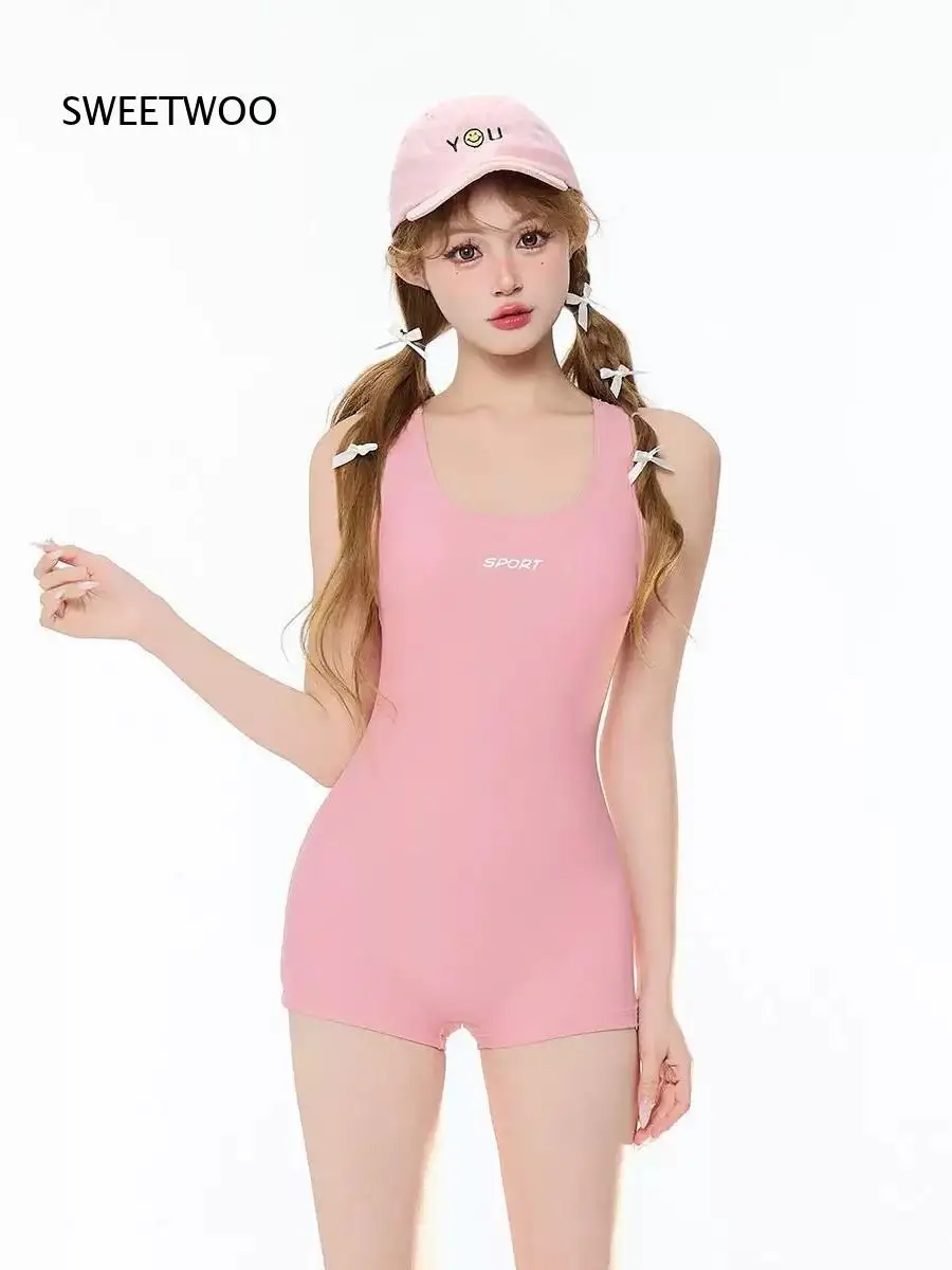 Women One Piece Boyleg Swimsuit U Neck Racer Back Hollow Out Back Design Solid Color Swimwear For Swimming Pool Beach