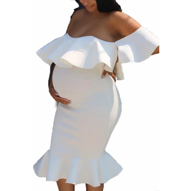

New Elegant Elastic Pregnant Women's Photography Solid Color Ruffle Tail Dress for Baby Showers Photo Shoot