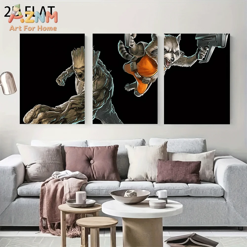 AZNM Guardians of the Galaxy Groot Rocket Raccoon Canvas Wall Art Frameless Poster Black Background Superhero Character Print Bo