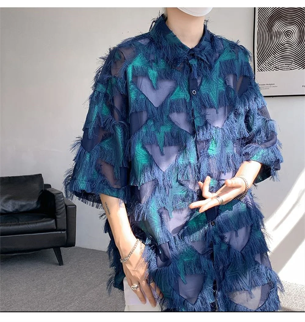 Personality niche short-sleeved shirt men's high-grade fringe hot gold flower shirt summer thin flower short-sleeved shirt trend