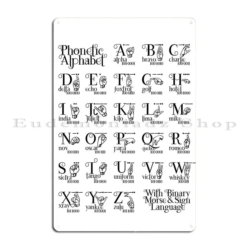 Phonetic Alphabet With Binary Morse And Sign Language Bourini Metal Signs Wall Pub Garage Decoration Character Tin Sign Poster