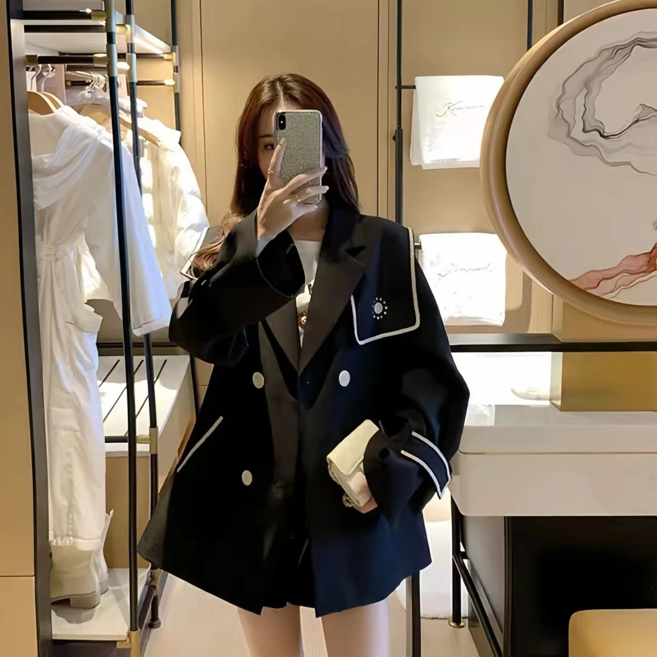 Double Breasted Blazers Jackets For Women , England Style Coat, Sailor Collar Clothing Female Tops,Embroidery Spring, Autumn