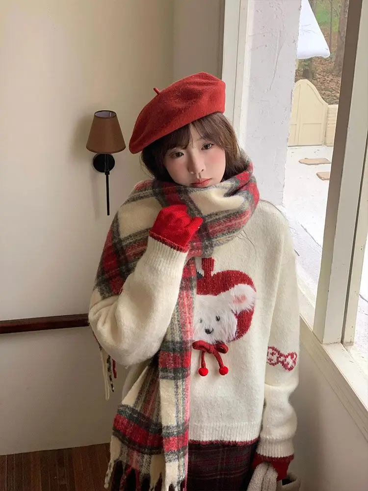 

Kimotimo Sweet Bear Jacquard Plush Sweater Women Autumn Winter Round Neck Loose Long Sleeve Pullover Casual Versatile Y2k Tops