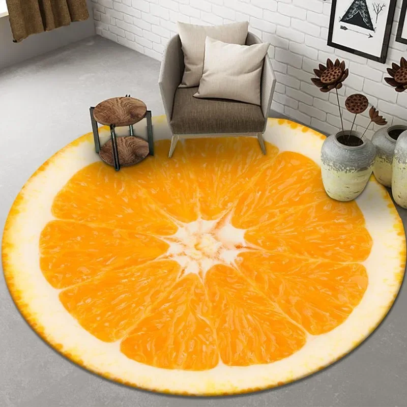 Fruit Slice Print Round Carpet – Orange, Lemon, Tomato & Kiwi Design Anti-Slip Rug for Bedroom, Kitchen or Home Decor