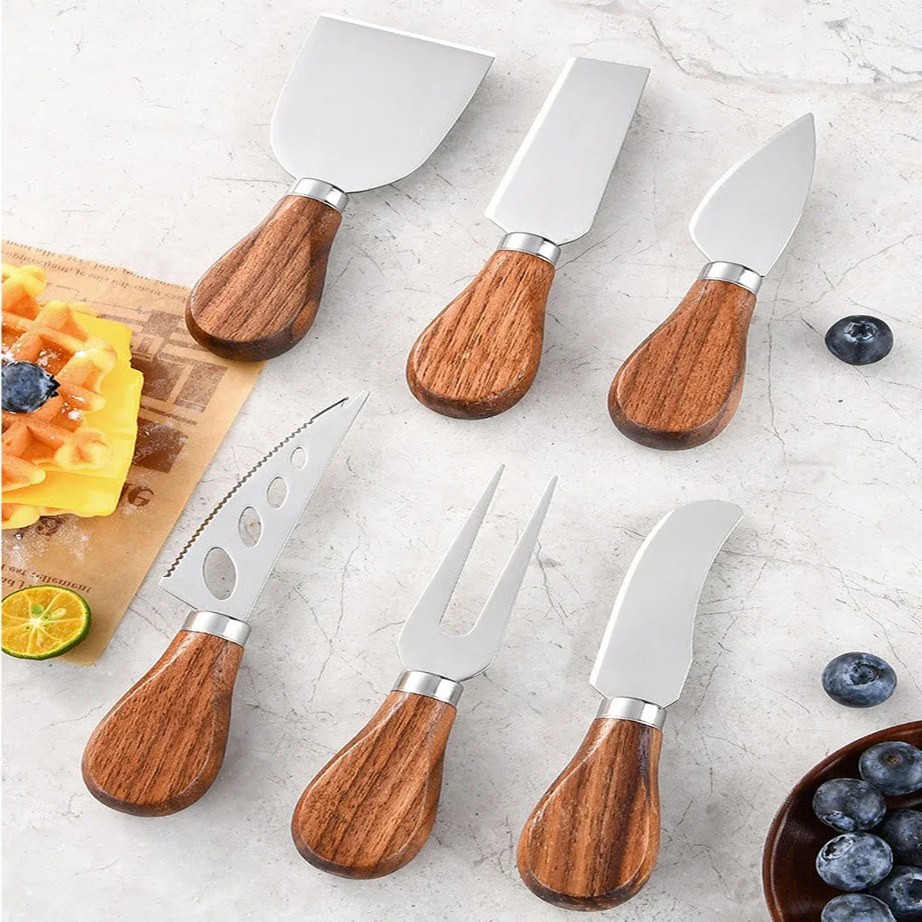 4/6-piece Exquisite Cheese Knife Gift Set Rubber Wood Handle Stainless Steel Cheese Slicer Butter Knife Cutter Collection