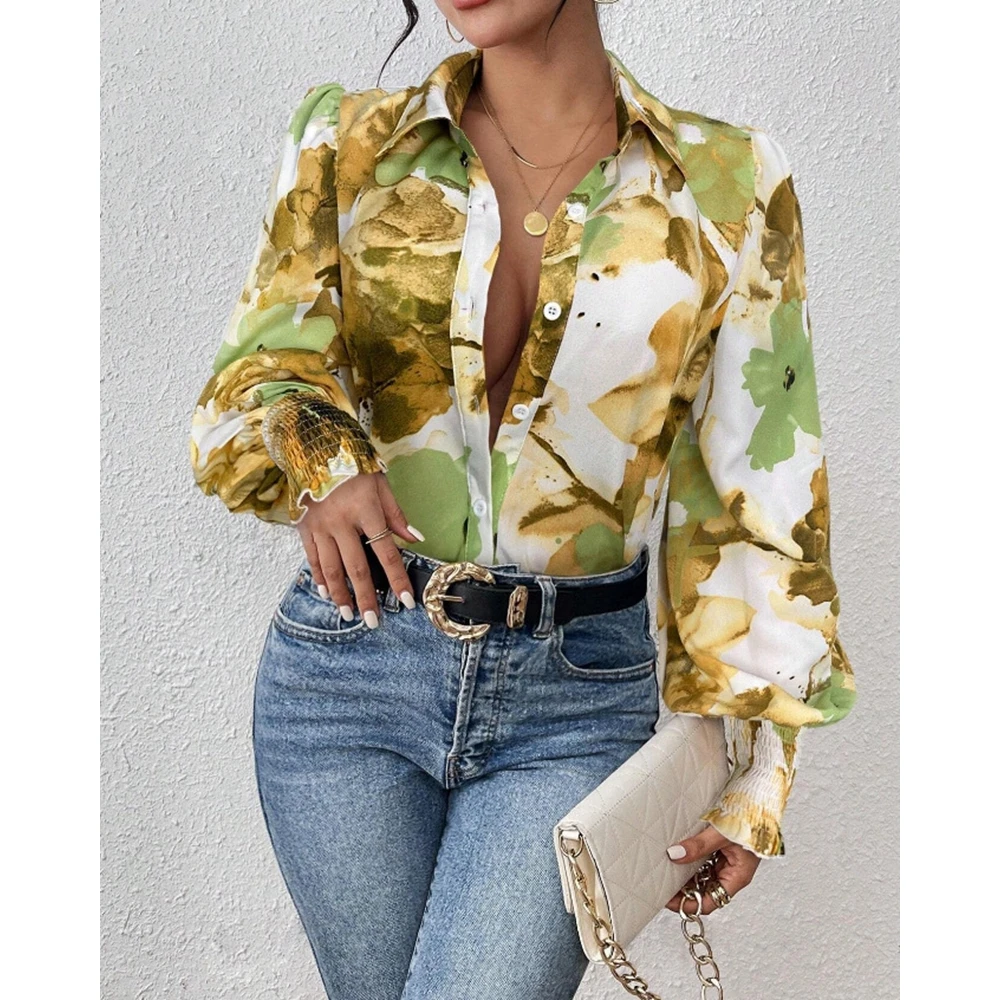 

Autumn Women All Over Floral Print Turn-down Collar Shirring Lantern Sleeve Ruched Top Femme Casual Asymmetric Shirts Blouse