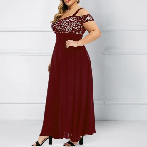 Imagen 2 del producto Vestido de talla grande para mujer, elegante, de encaje, con hombros descubiertos, Bandeau de gasa, Maxi vestido acampanado para mujer, vestido de fiesta de noche, cóctel, talla 1XL-6XL
