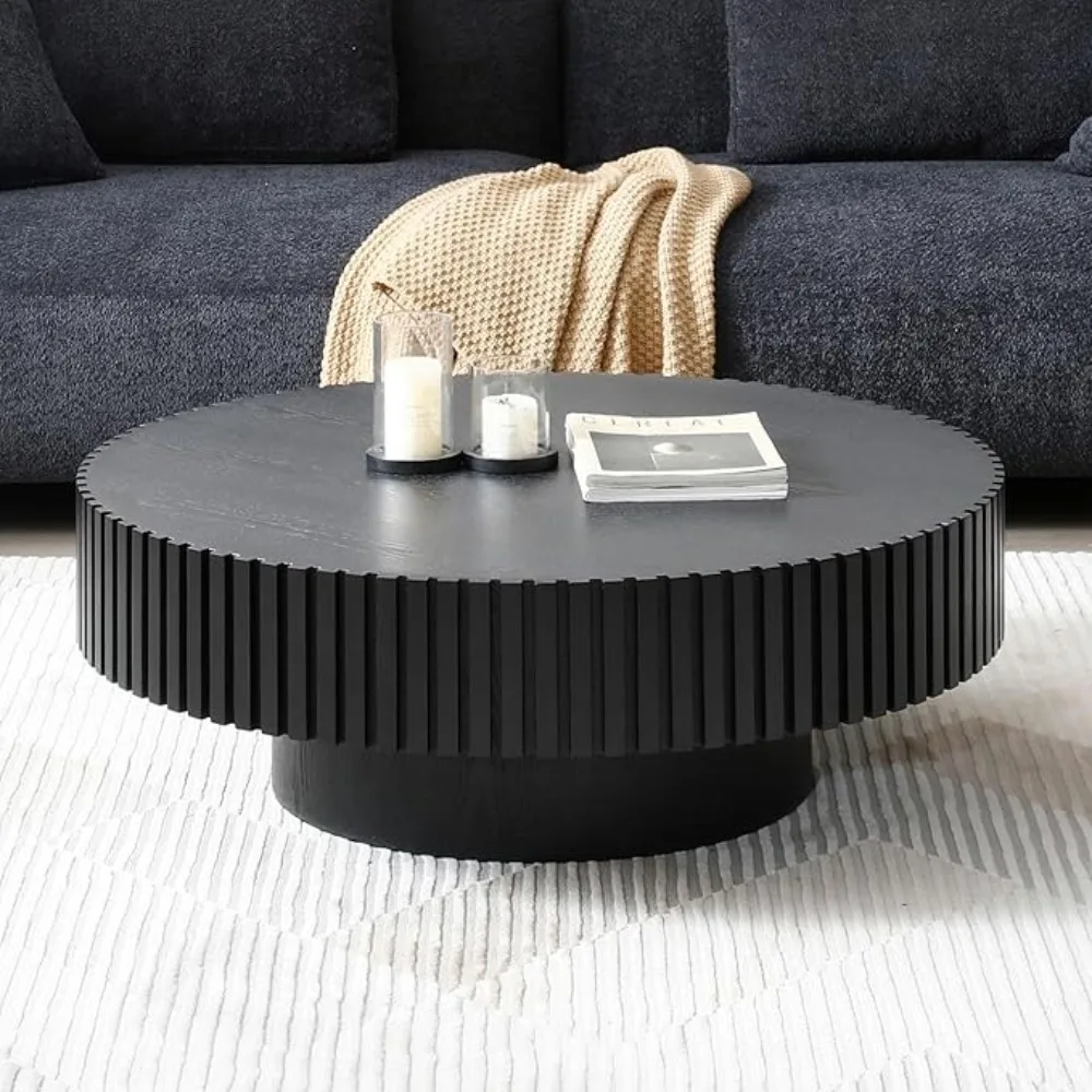 

Round Coffee Table Wood, Modern Drum Fluted Coffee Table for Living Room, Contemporary Low Circle Center Table Side Table