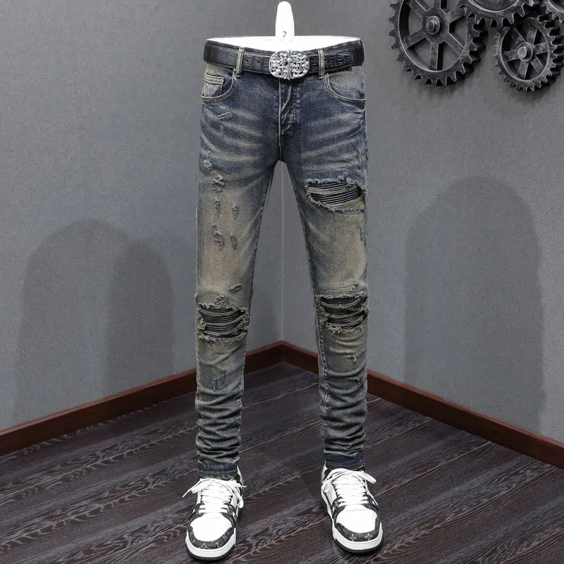 

Designer fashion new men's jeans elastic tight patch leather washed black gray jeans high street fashion hip-hop brand pants Hom